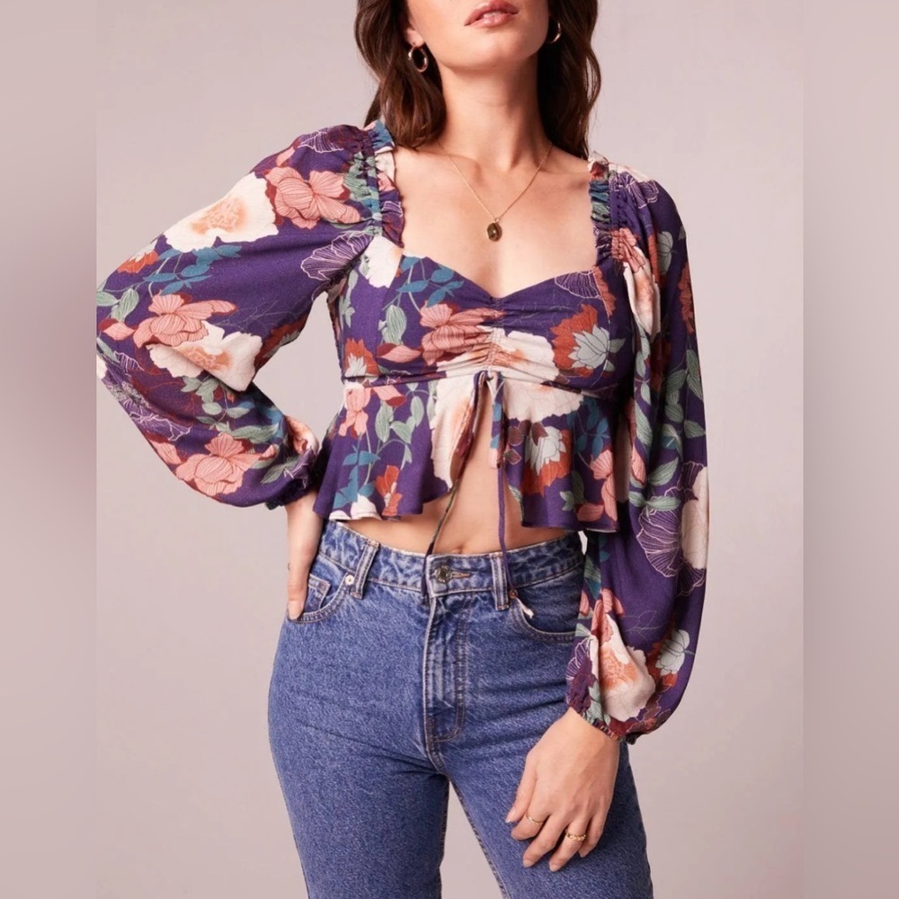 Band of the Free Floraine Purple Ivory Long Sleeve Crop Top Womens Sz Medium NWT